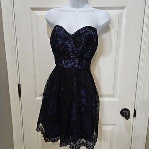 BEBE Strapless Lace Corset Dress – Blue & Black Floral Overlay Party Mini Large
